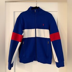Polo Ralph Lauren Blue Zip-Up Sweater with Red & White Stripes